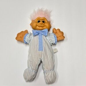 1991 ITB Troll Doll Pointy Ears 14" Pink Hair Blue Eyes Blue Stripe PJ's *NO HAT